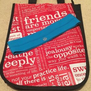 Turquoise blue Lululemon headband with tote